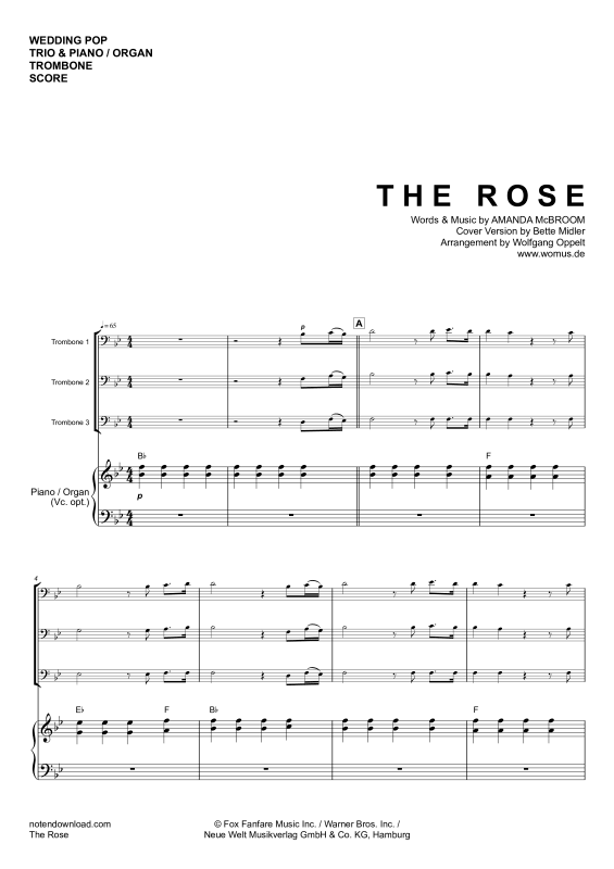 Product gallery: Page 1 of 11 The Rose, Midler, Bette, Trio For 3 Trombones and Piano/Organ, Cello (Optional) - Single Version