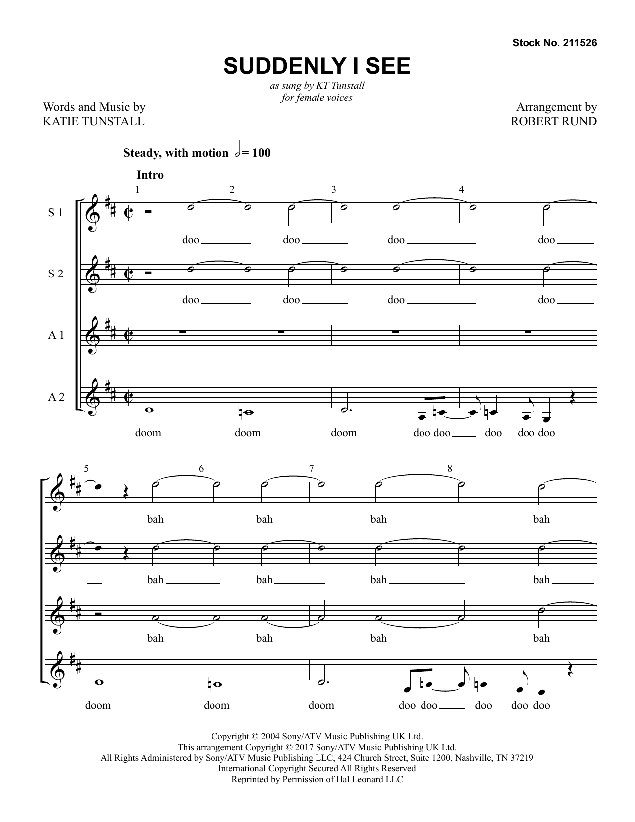 Product gallery: Page 1 of 1 Suddenly I See (arr. Robert Rund), KT Tunstall
