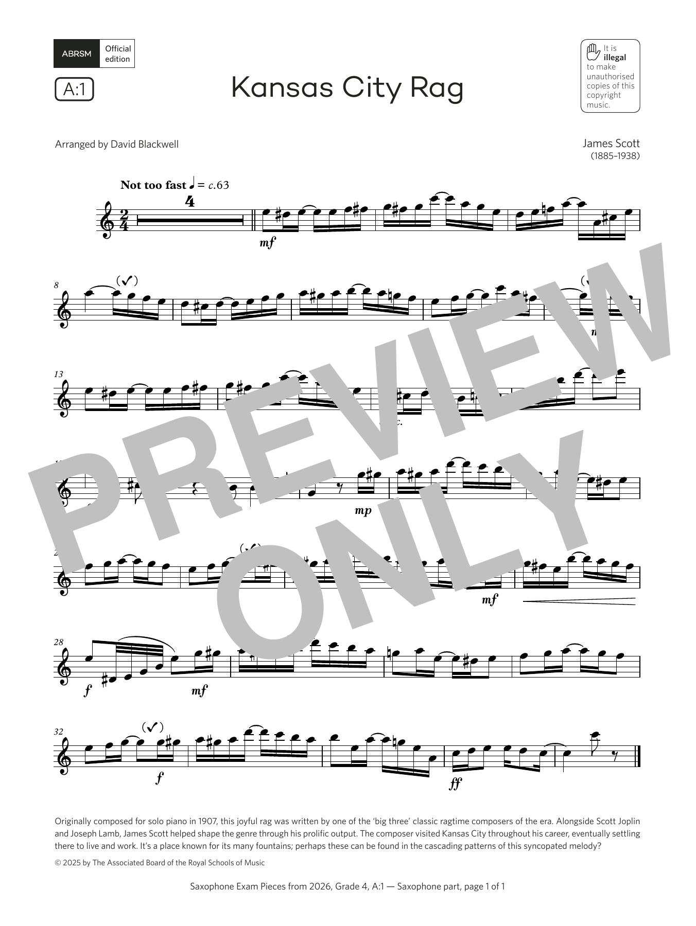 Product gallery: Page 1 of 1 Kansas City Rag (Grade 4, list A1, from the ABRSM Saxophone Syllabus from 2026), James Scott