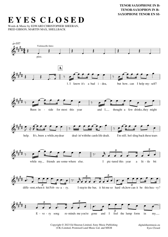 Product gallery: Page 1 of 5 Eyes Closed , Sheeran, Ed, Tenor Saxophone