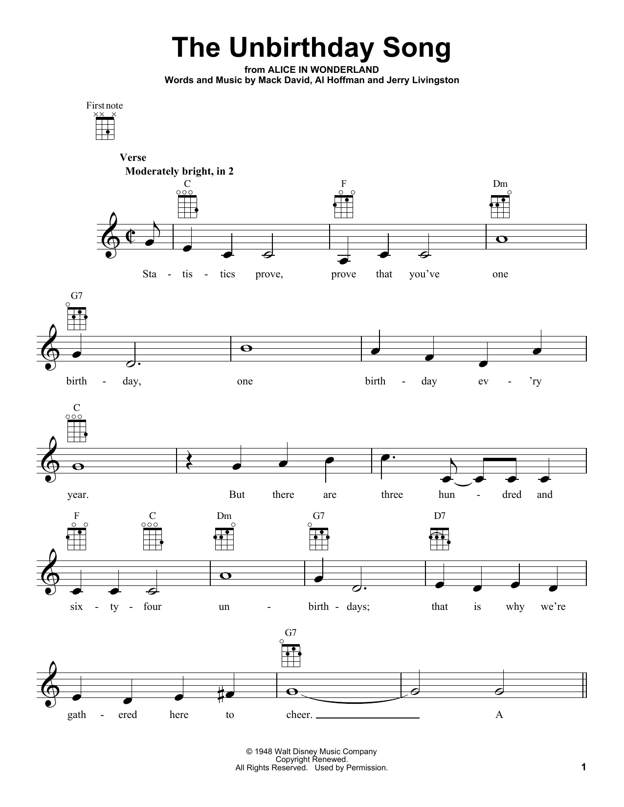 Product gallery: Page 1 of 1 The Unbirthday Song (from Alice In Wonderland), Mack David, Al Hoffman and Jerry Livingston