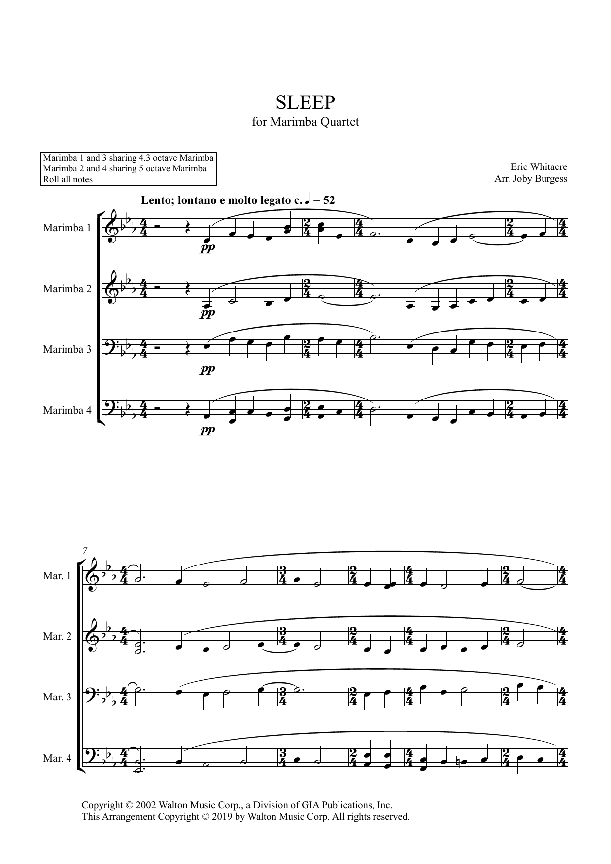 Produktgalerie: Seite 1 von 1 Sleep for Marimba Quartet (arr. Joby Burgess) - Full Score, Eric Whitacre, Percussion