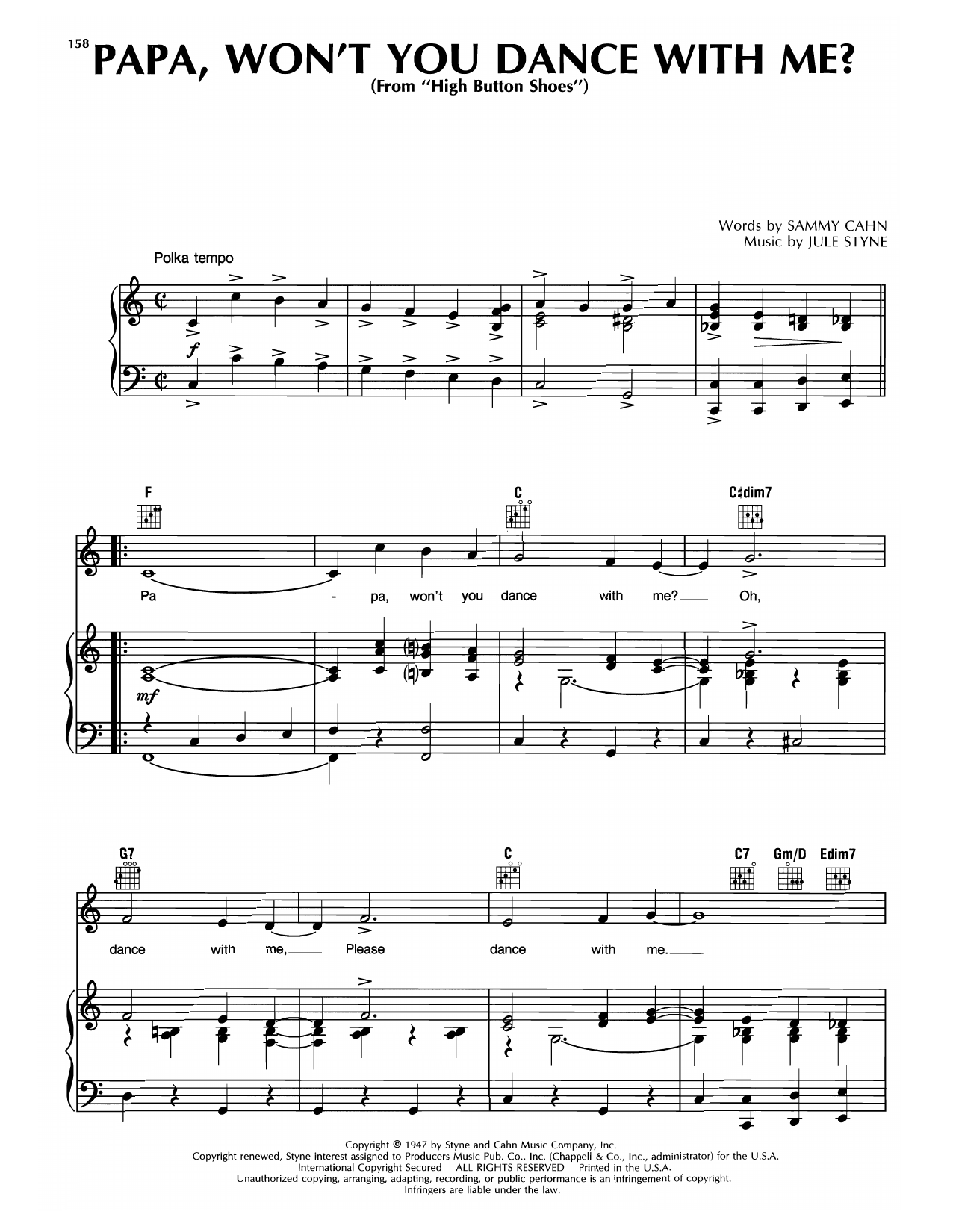 Product gallery: Page 1 of 1 Papa, Won't You Dance With Me? (from High Button Shoes), Sammy Cahn & Jule Styne
