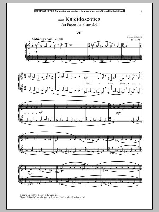 Product gallery: Page 1 of 1 Kaleidoscopes, Ten Pieces For Piano Solo, VII., Benjamin Lees