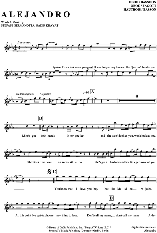 Produktgalerie: Seite 1 von 4 Alejandro , Lady GaGa, (Oboe / Fagott)