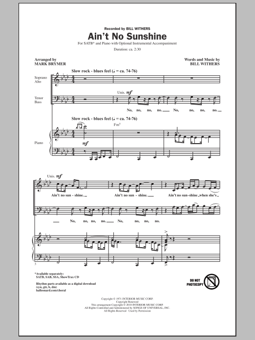 Product picture to: Ain't No Sunshine (arr. Mark Brymer)
