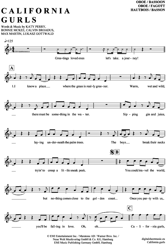 gallery: California gurls , Perry, Katy, (Oboe / Fagott)