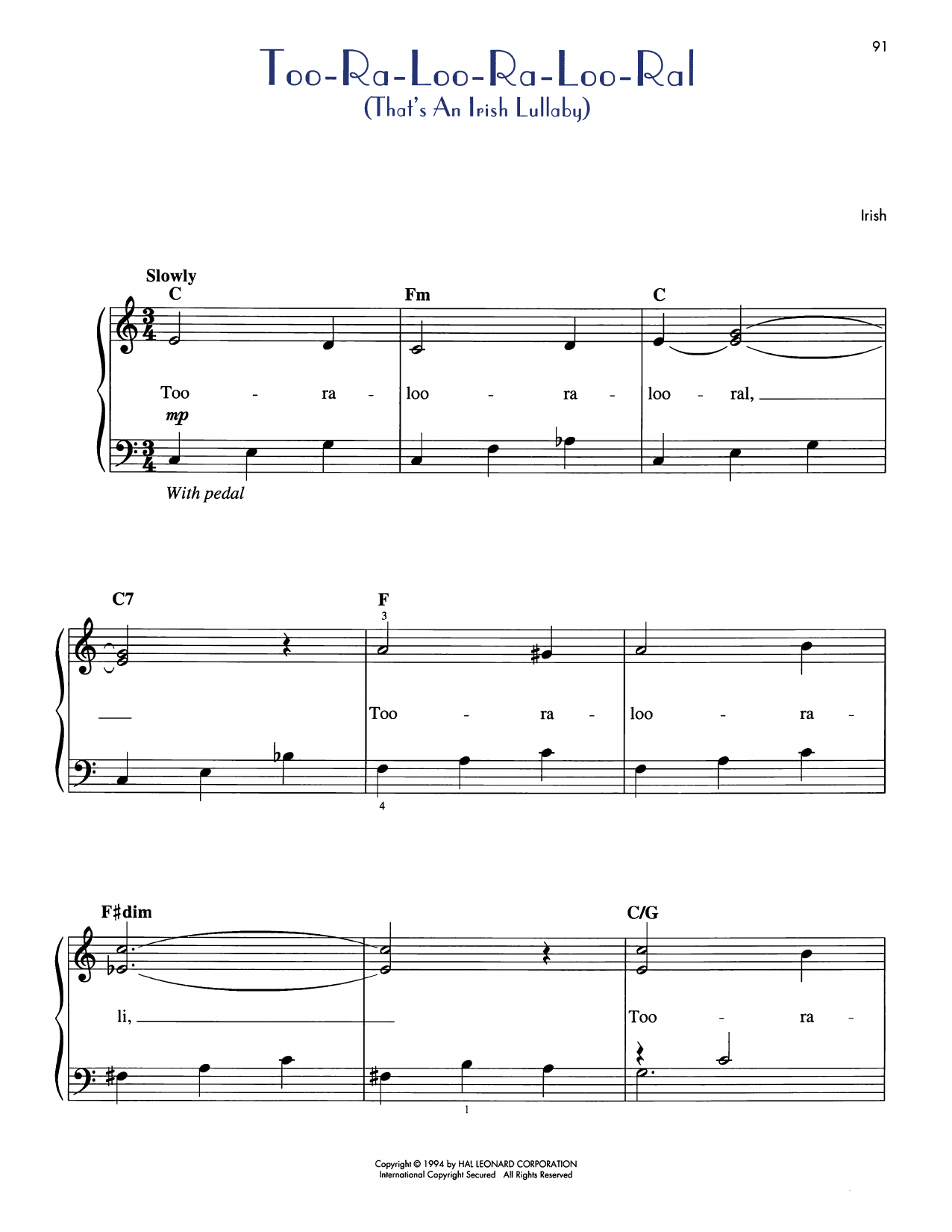 Produktgalerie: Seite 1 von 1 Too-Ra-Loo-Ra-Loo-Ral (That's An Irish Lullaby), James R. Shannon, Klavier