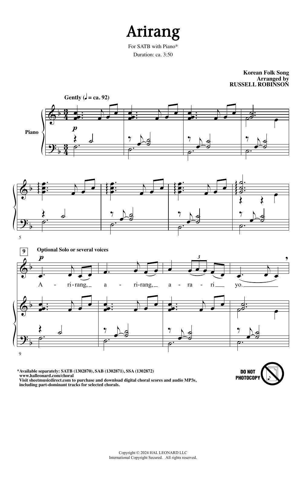 Produktgalerie: Seite 1 von 1 Arirang (arr. Russell Robinson), Korean folk song, Chor