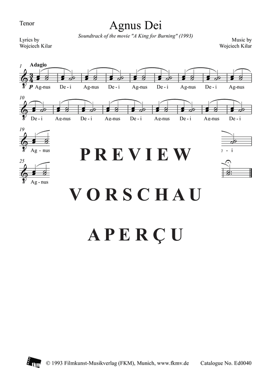 Product picture to: König der letzten Tage - Agnus Dei: TenorAus dem Film "König der letzten Tage"
