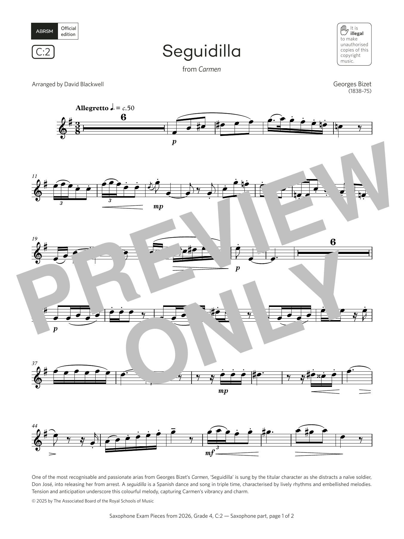 Product gallery: Page 1 of 1 Seguidilla (Grade 4, list C2, from the ABRSM Saxophone Syllabus from 2026), Georges Bizet