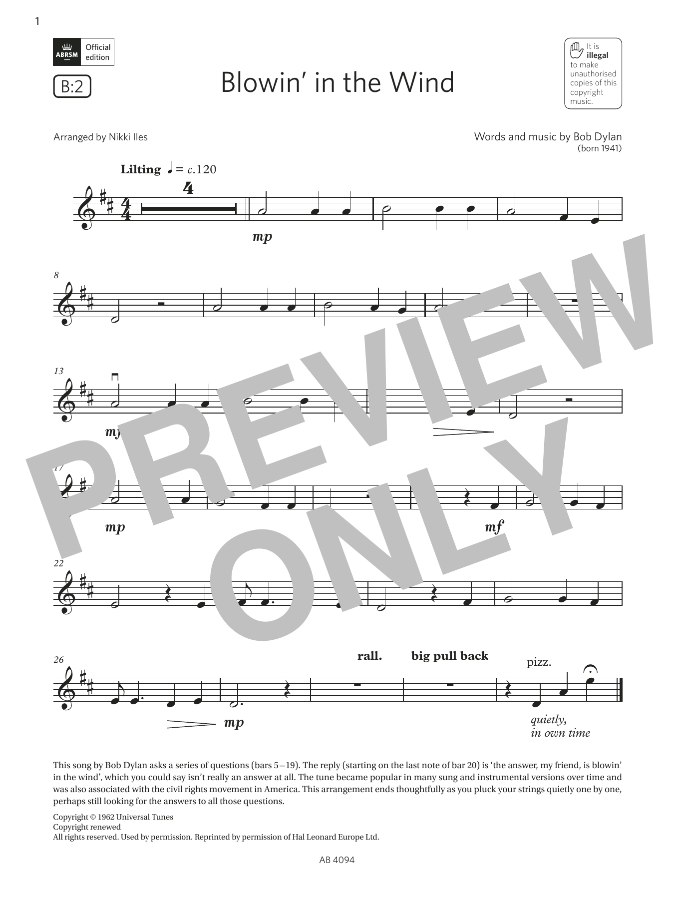 Product gallery: Page 1 of 1 Blowin' in the Wind (Grade Initial, B2, from the ABRSM Violin Syllabus from 2024), Bob Dylan