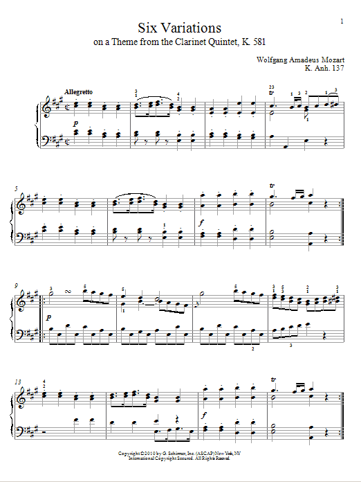 Product gallery: Page 1 of 1 Six Variations on A Theme From The Clarinet Quintet, K. 581, K. Anh. 137, Wolfgang Amadeus Mozart