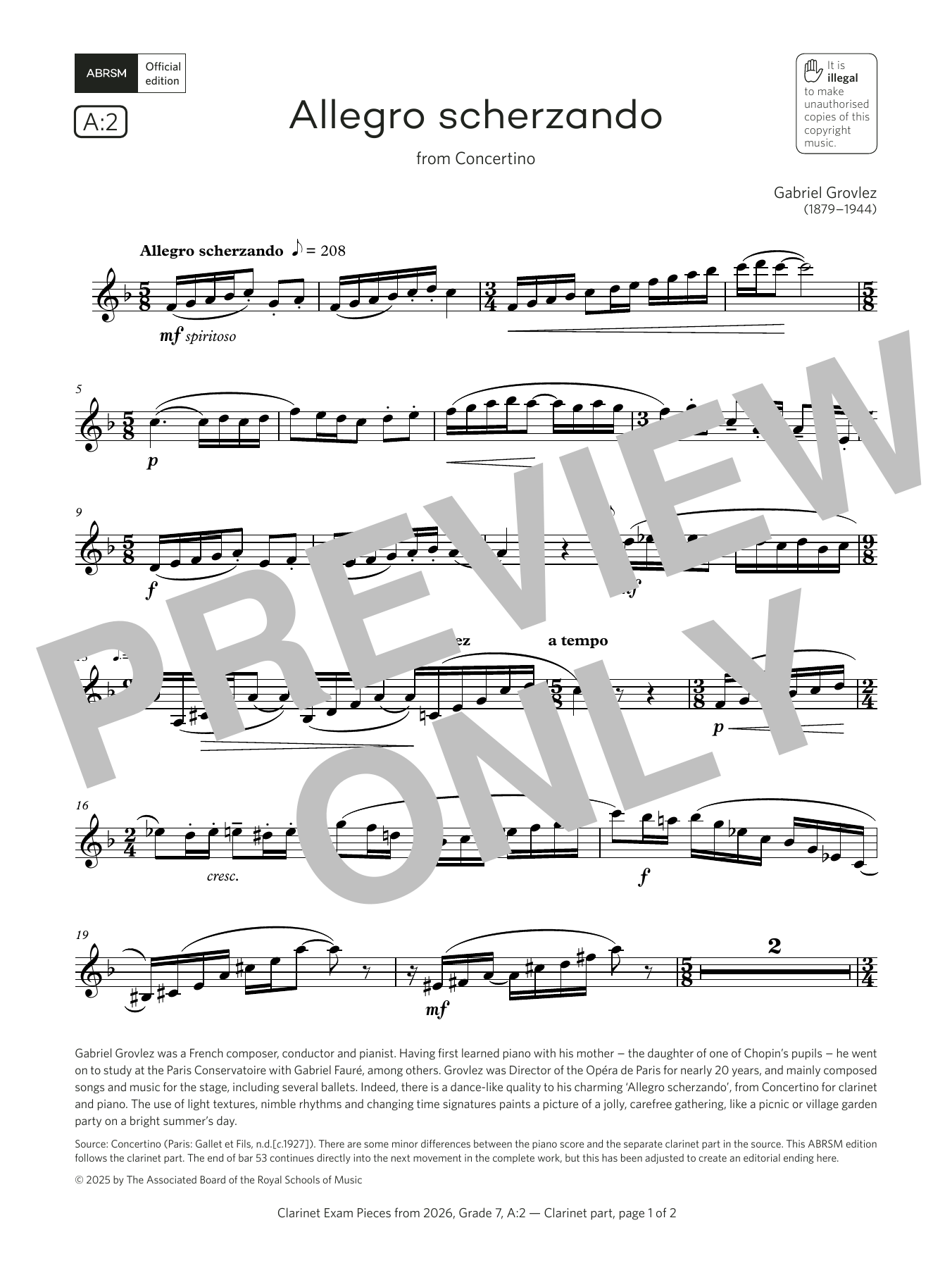 Product gallery: Page 1 of 1 Allegro scherzando (Grade 7, list A2, from the ABRSM Clarinet Syllabus from 2026), Gabriel Grovlez