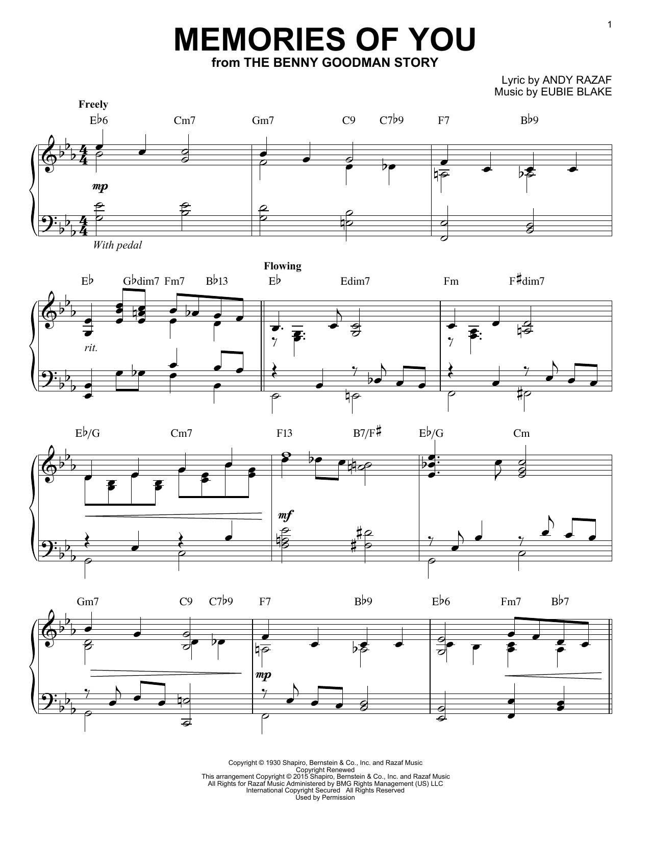 Product picture to: Memories Of You [Stride version] (arr. Brent Edstrom)