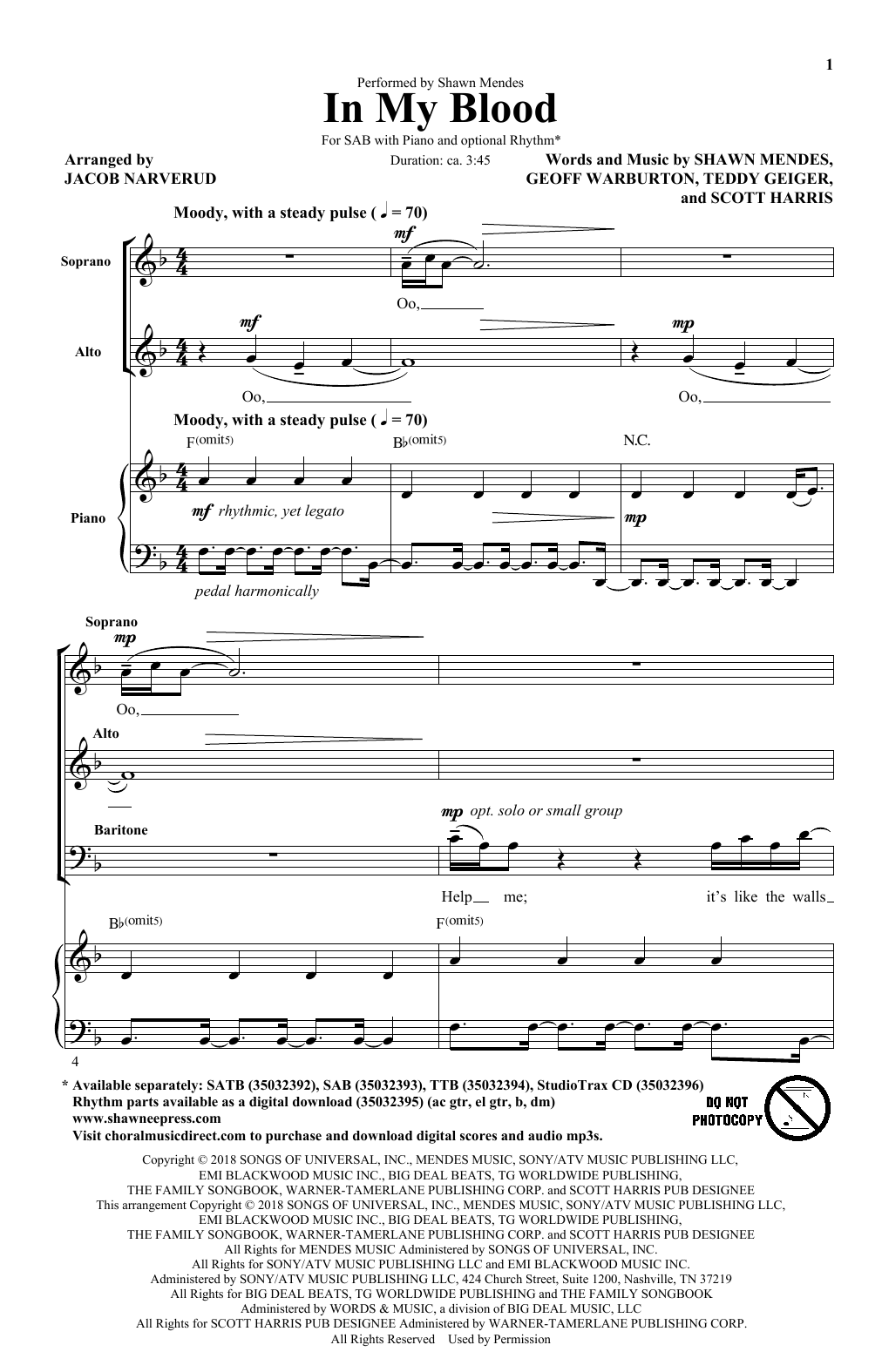 Produktbild zu: In My Blood (arr. Jacob Narverud)