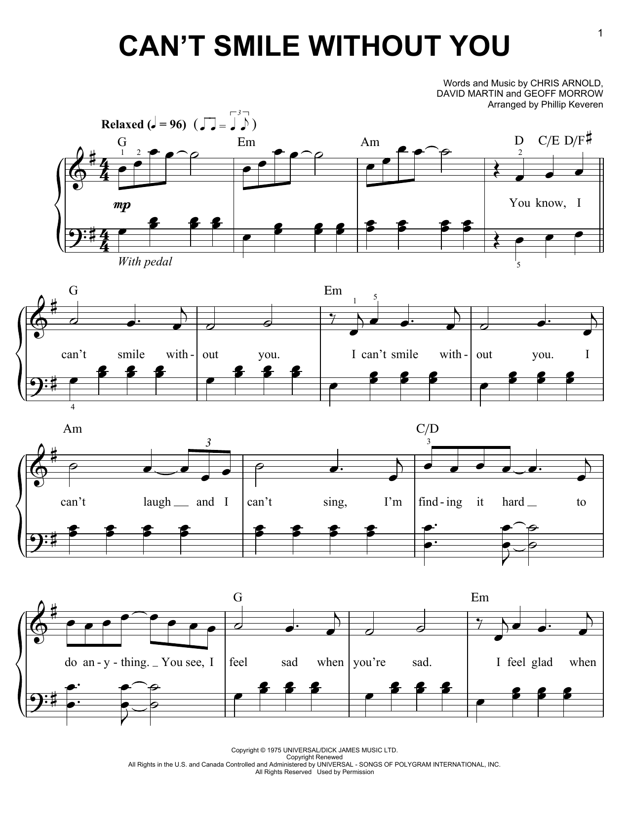 Produktgalerie: Seite 1 von 1 Can't Smile Without You (arr. Phillip Keveren), Barry Manilow, Klavier