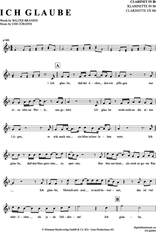 Product gallery: Page 1 of 4 Ich glaube , Jürgens, Udo, Clarinet in B-flat