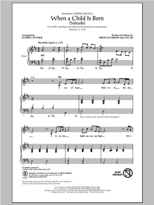 Product picture to: When A Child Is Born (Soleado) (arr. Audrey Snyder)