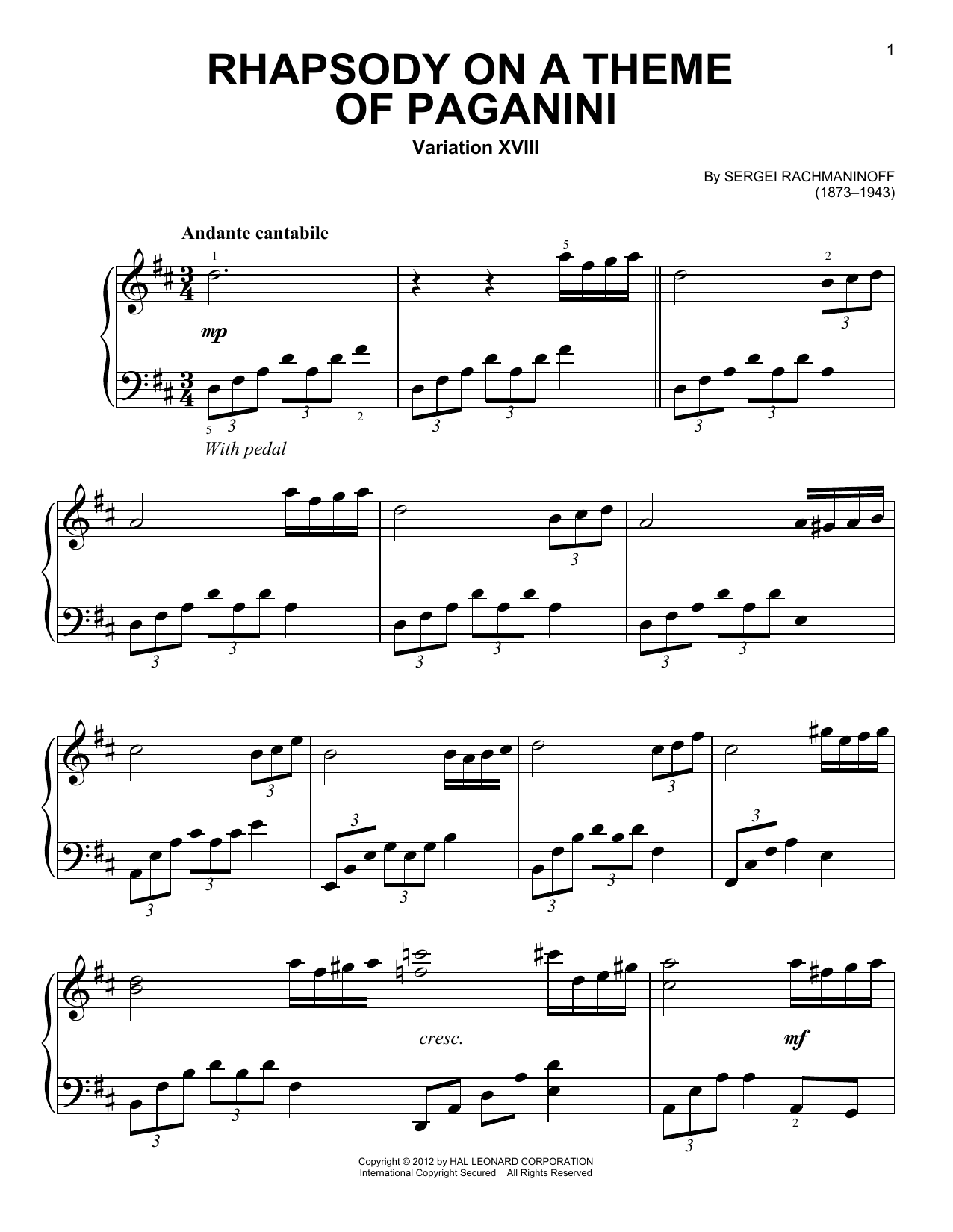 Produktgalerie: Seite 1 von 1 Rhapsody On A Theme Of Paganini, Variation XVIII, Sergei Rachmaninoff, Klavier