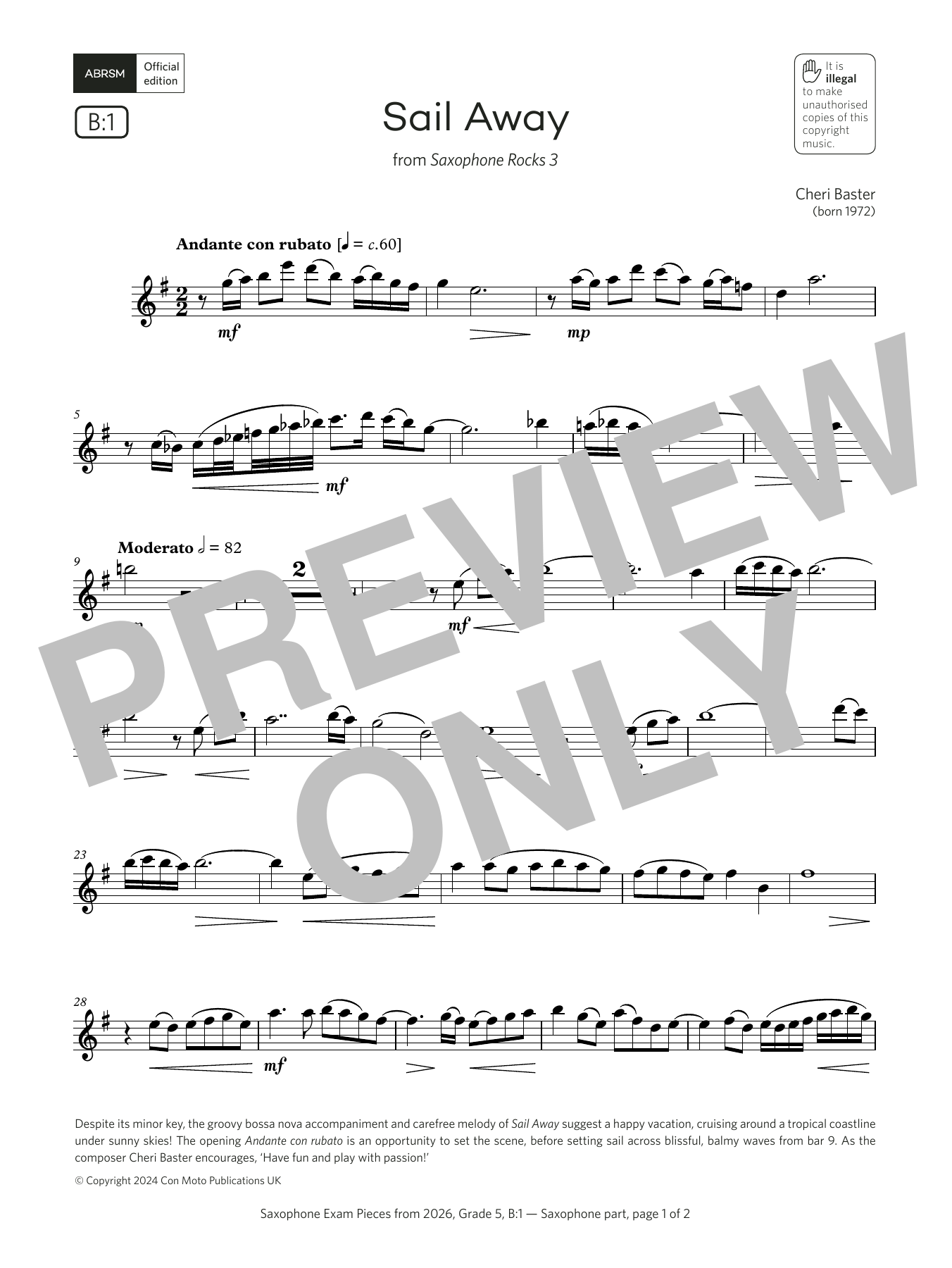 Product gallery: Page 1 of 1 Sail Away (Grade 5, list B1, from the ABRSM Saxophone Syllabus from 2026), Cheri Baster