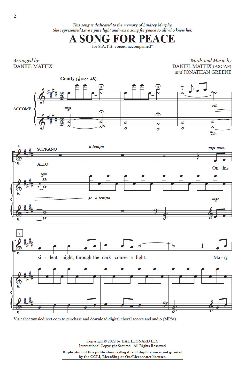 Product picture to: A Song For Peace (arr. Daniel Mattix)