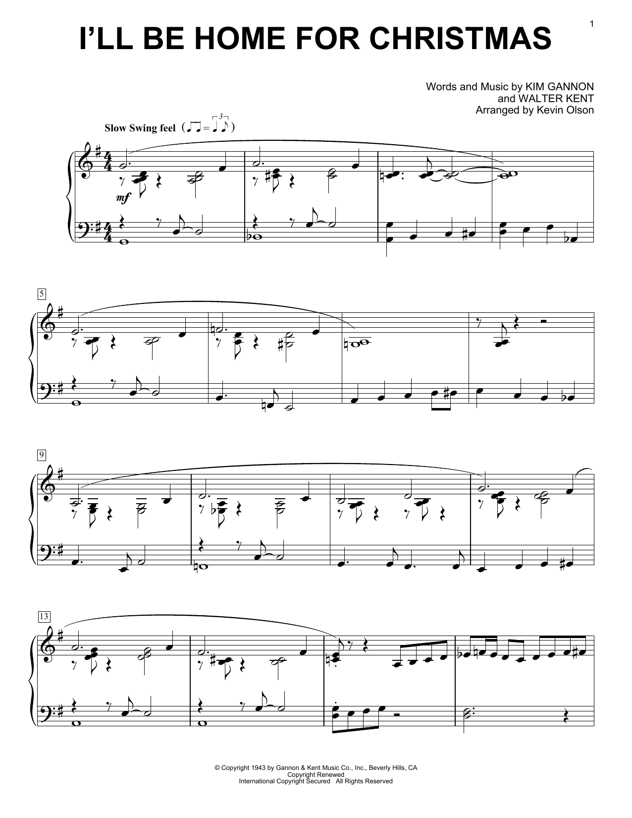 Produktgalerie: Seite 1 von 1 I'll Be Home For Christmas (arr. Kevin Olson), Walter Kent, Klavier