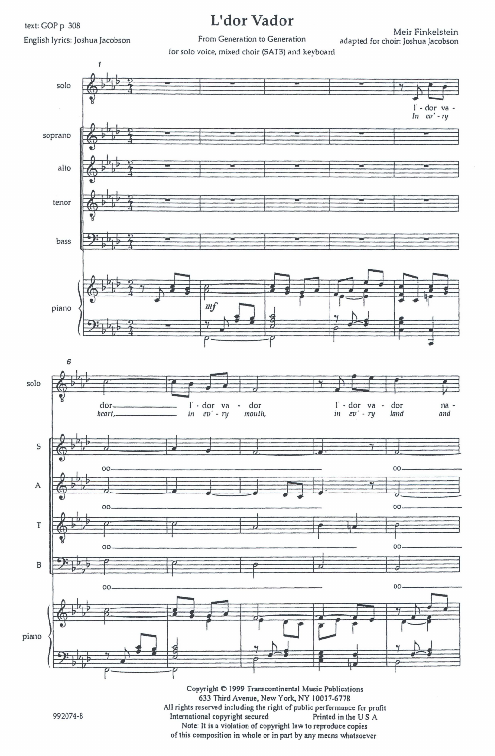 Produktgalerie: Seite 1 von 1 L'dor Vador (from Generation To Generation), Joshua Jacobson, Chor