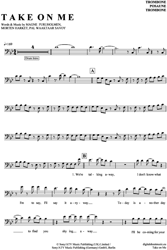 Product gallery: Page 1 of 4 Take on me , A-ha, (Posaune / Bariton)