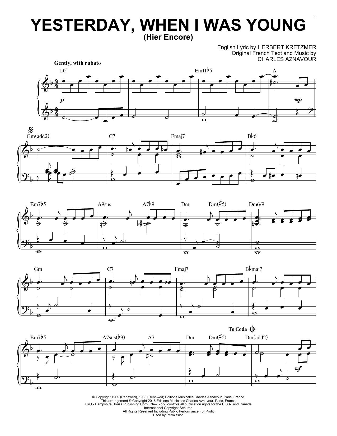 Product gallery: Page 1 of 1 Yesterday, When I Was Young (Hier Encore) [Jazz version] (arr. Brent Edstrom), Herbert Kretzmer
