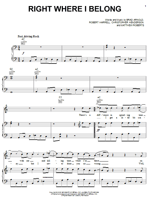 Produktgalerie: Seite 1 von 1 Right Where I Belong, 3 Doors Down, Gesang, Gitarre, Klavier