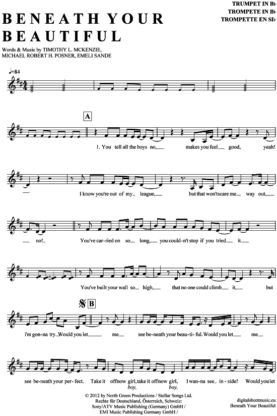 Produktgalerie: Seite 1 von 4 Beneath your beautiful , Sande, Emeli, Trompete in B