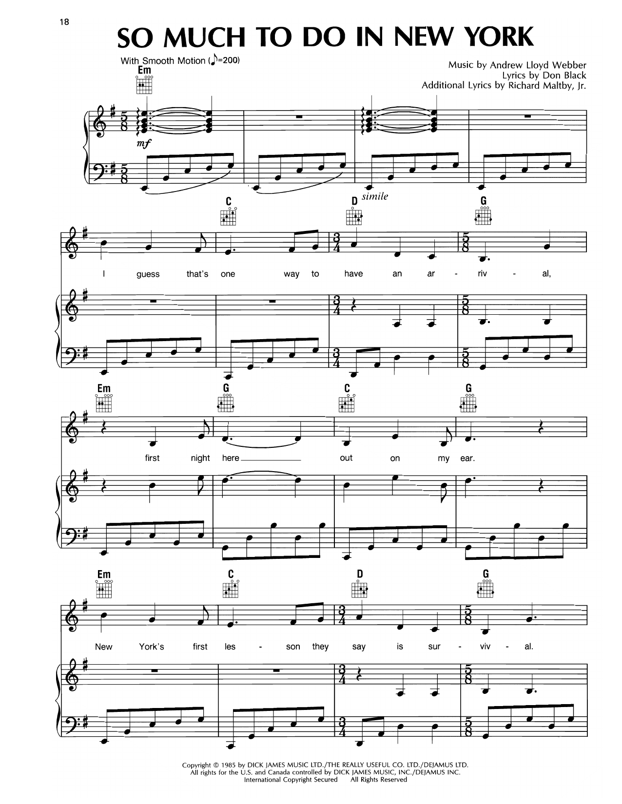 Produktgalerie: Seite 1 von 1 So Much To Do In New York (I) (from Song & Dance), Andrew Lloyd Webber, Gesang, Gitarre, Klavier