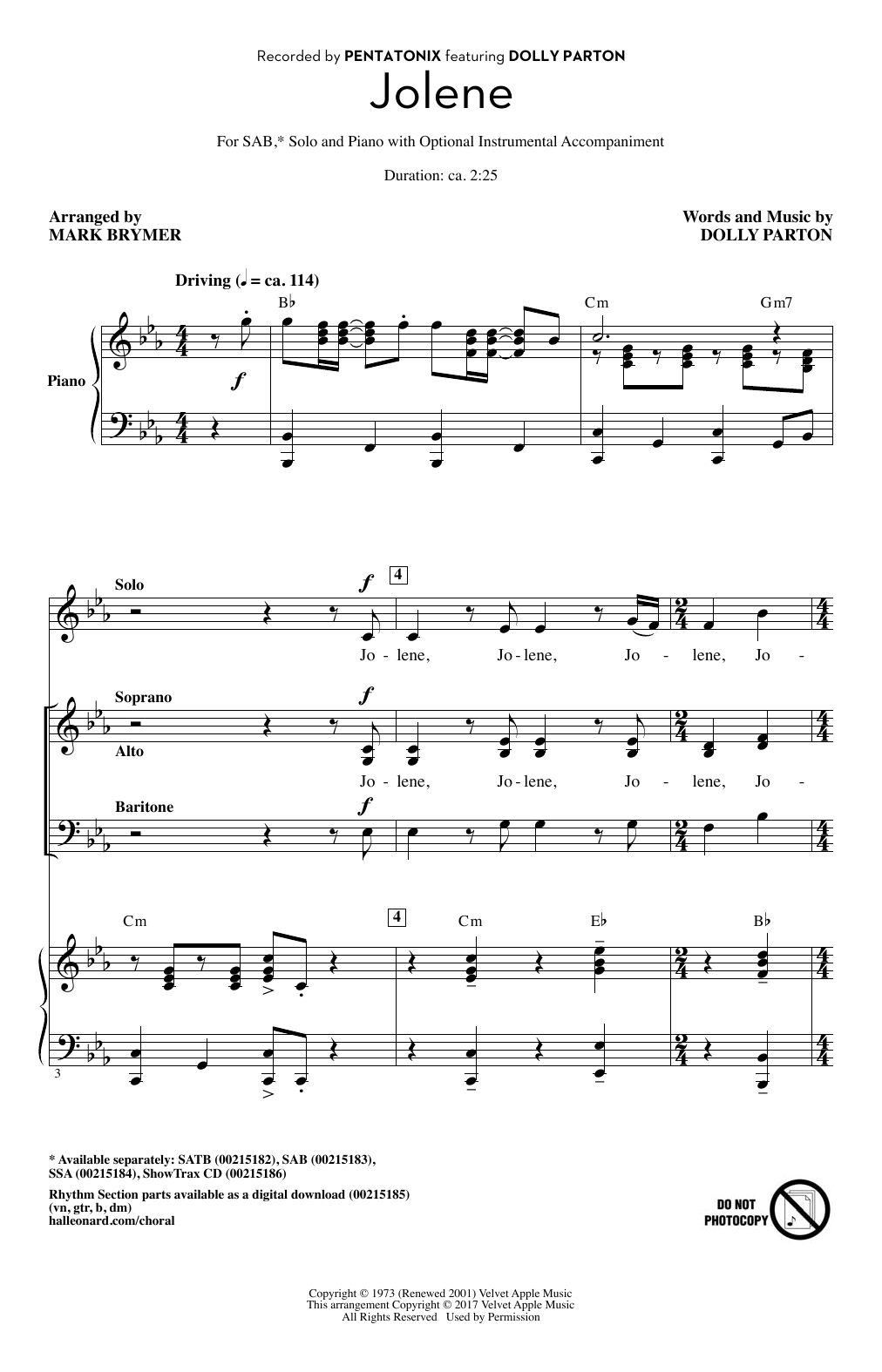 Produktbild zu: Jolene (feat. Dolly Parton) (arr. Mark Brymer)
