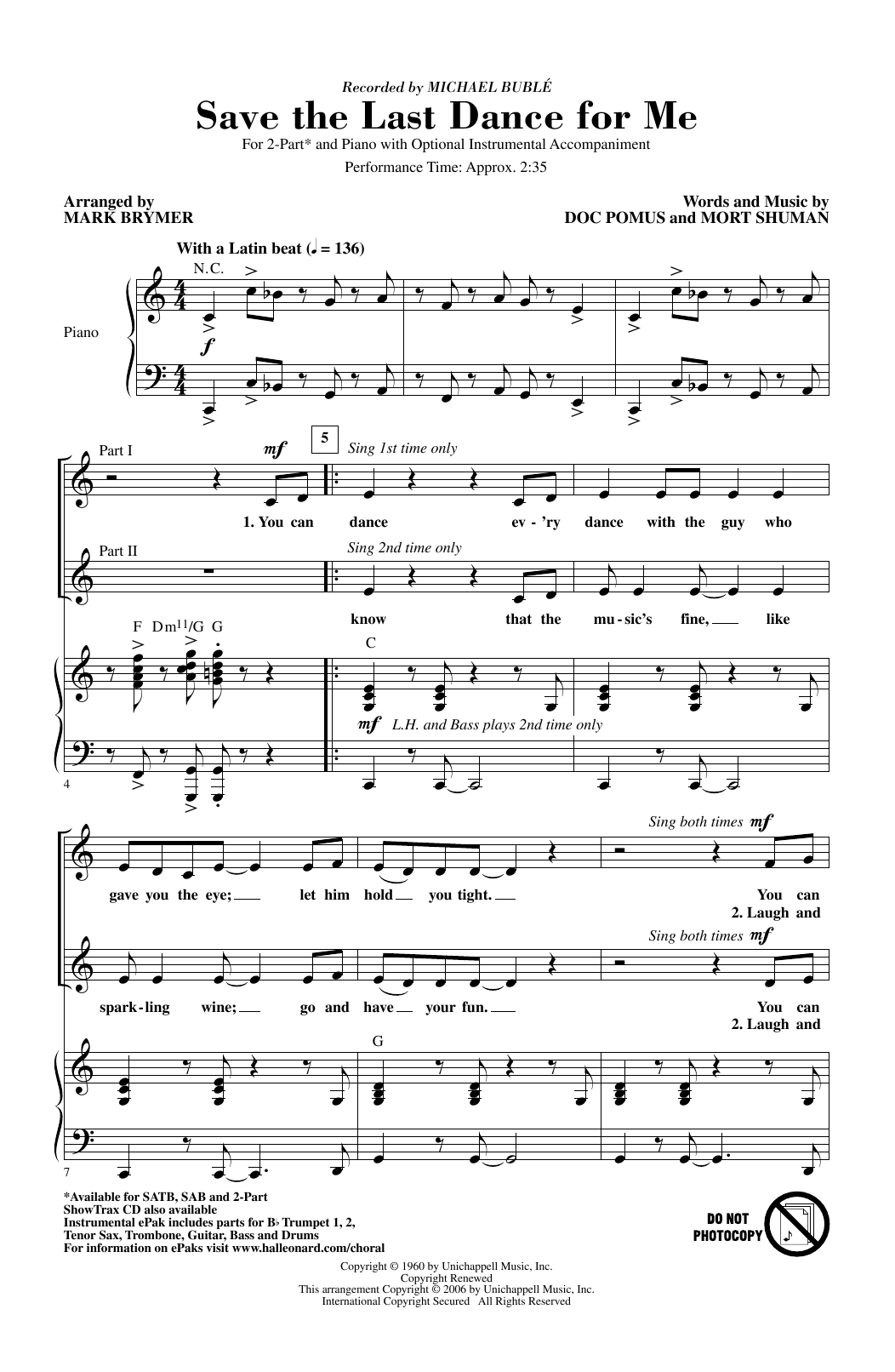 Product picture to: Save The Last Dance For Me (arr. Mark Brymer)