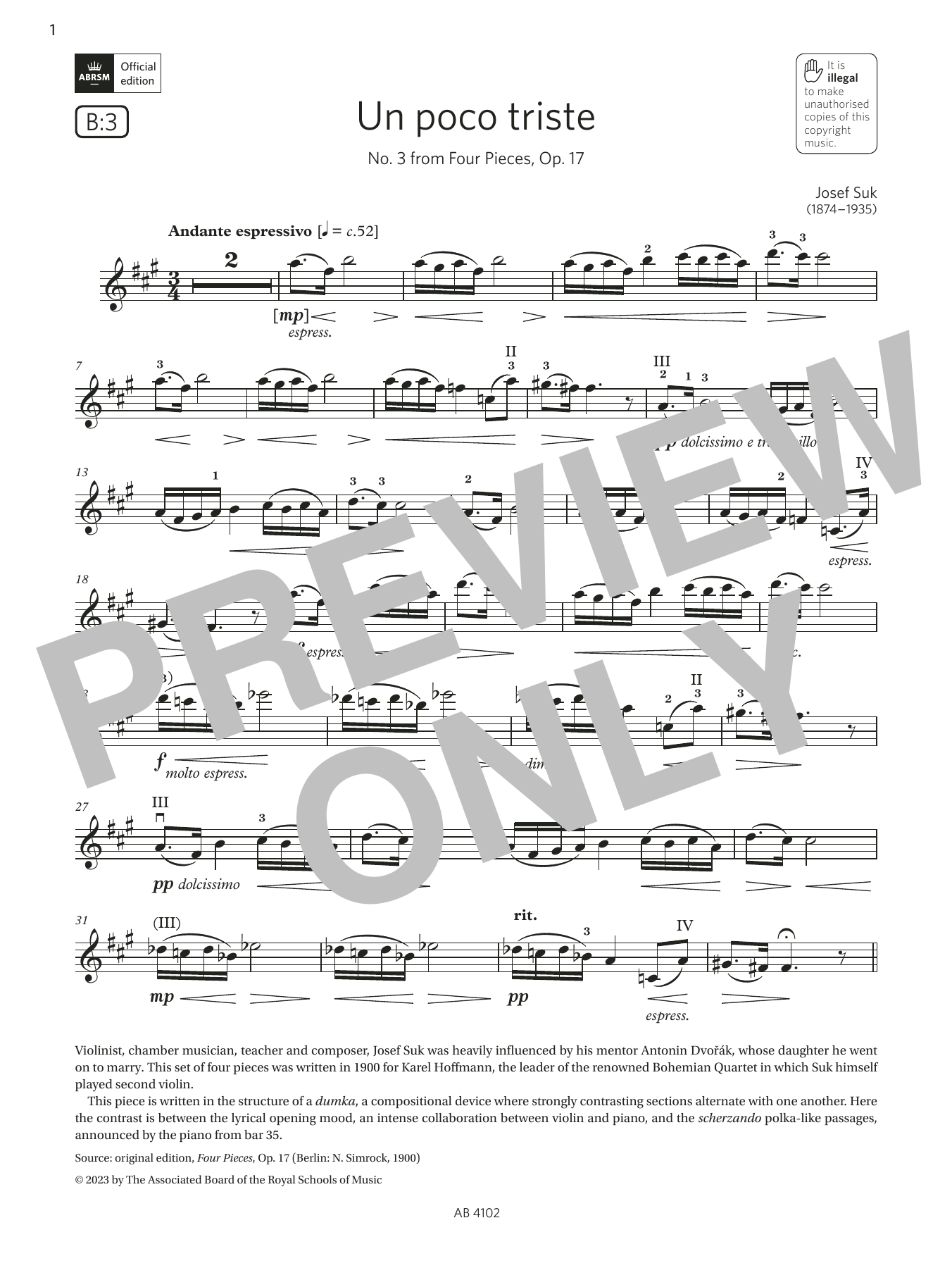 Produktbild zu:  Un poco triste (Grade 8, B3, from the ABRSM Violin Syllabus from 2024) - Josef Suk