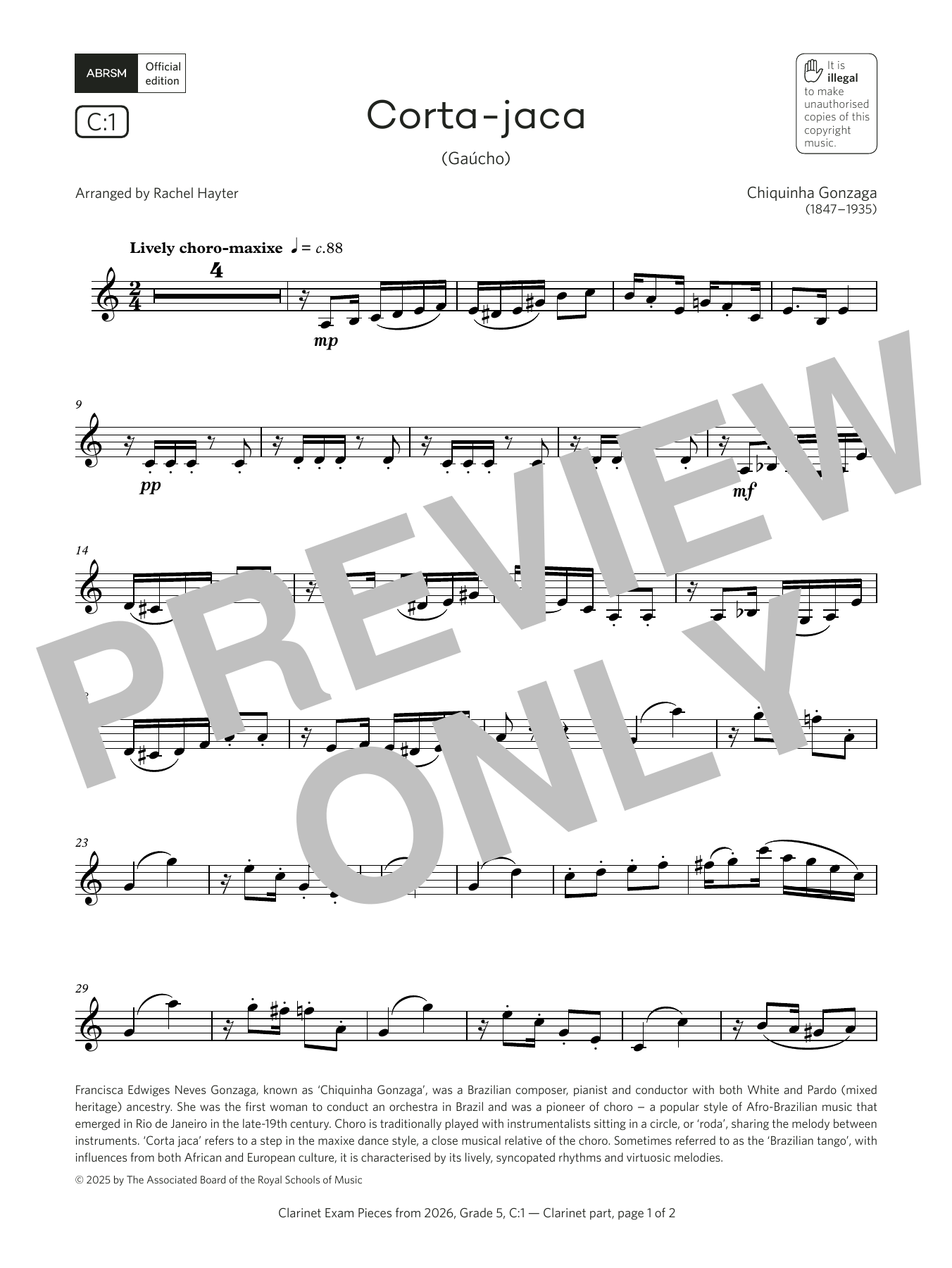 Product gallery: Page 1 of 1 Corta-jaca (Grade 5, list C1, from the ABRSM Clarinet Syllabus from 2026), Chiquinha Gonzaga