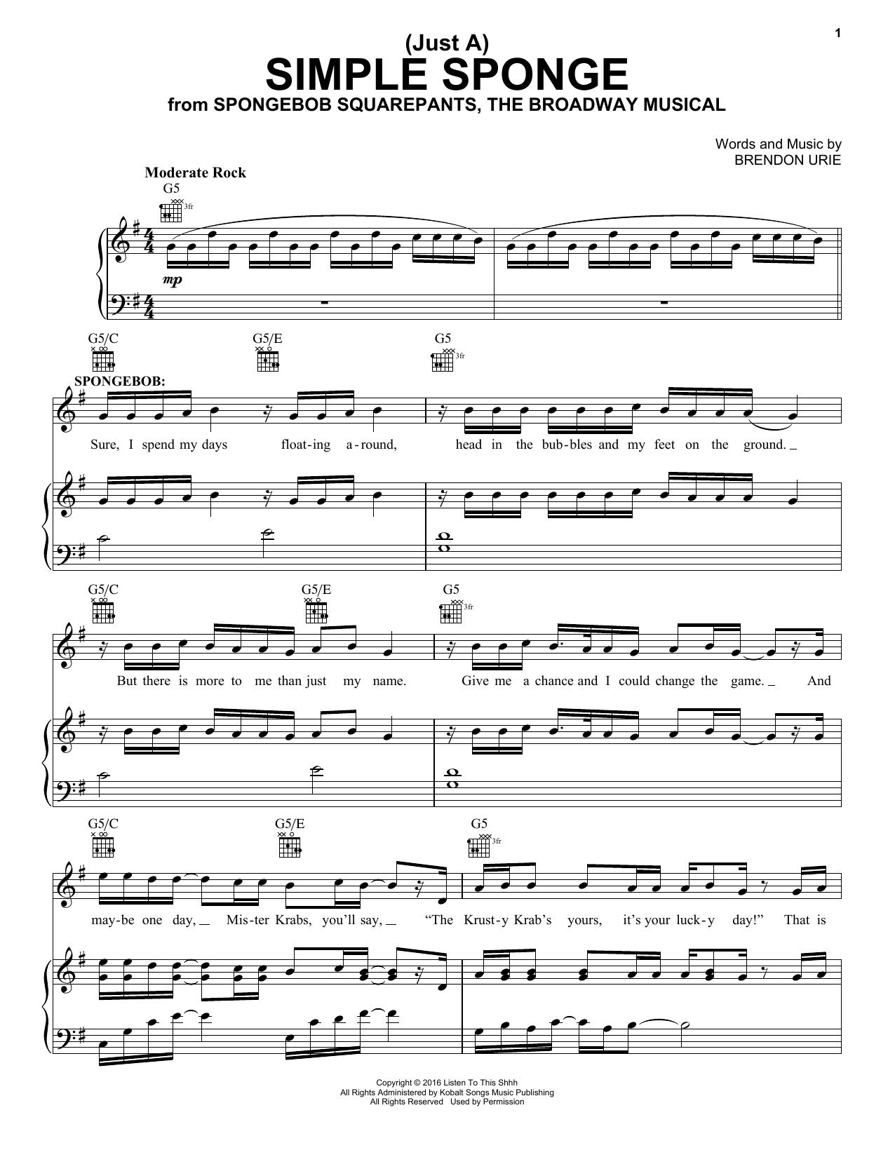 Produktgalerie: Seite 1 von 1 (Just A) Simple Sponge (from Spongebob Squarepants, The Broadway Musical), Brendon Urie, Gesang, Gitarre, Klavier