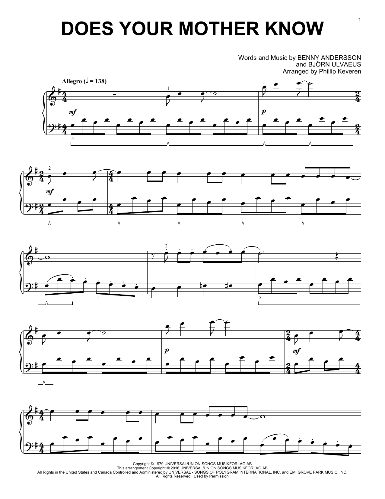 Produktbild zu: Does Your Mother Know (arr. Phillip Keveren)