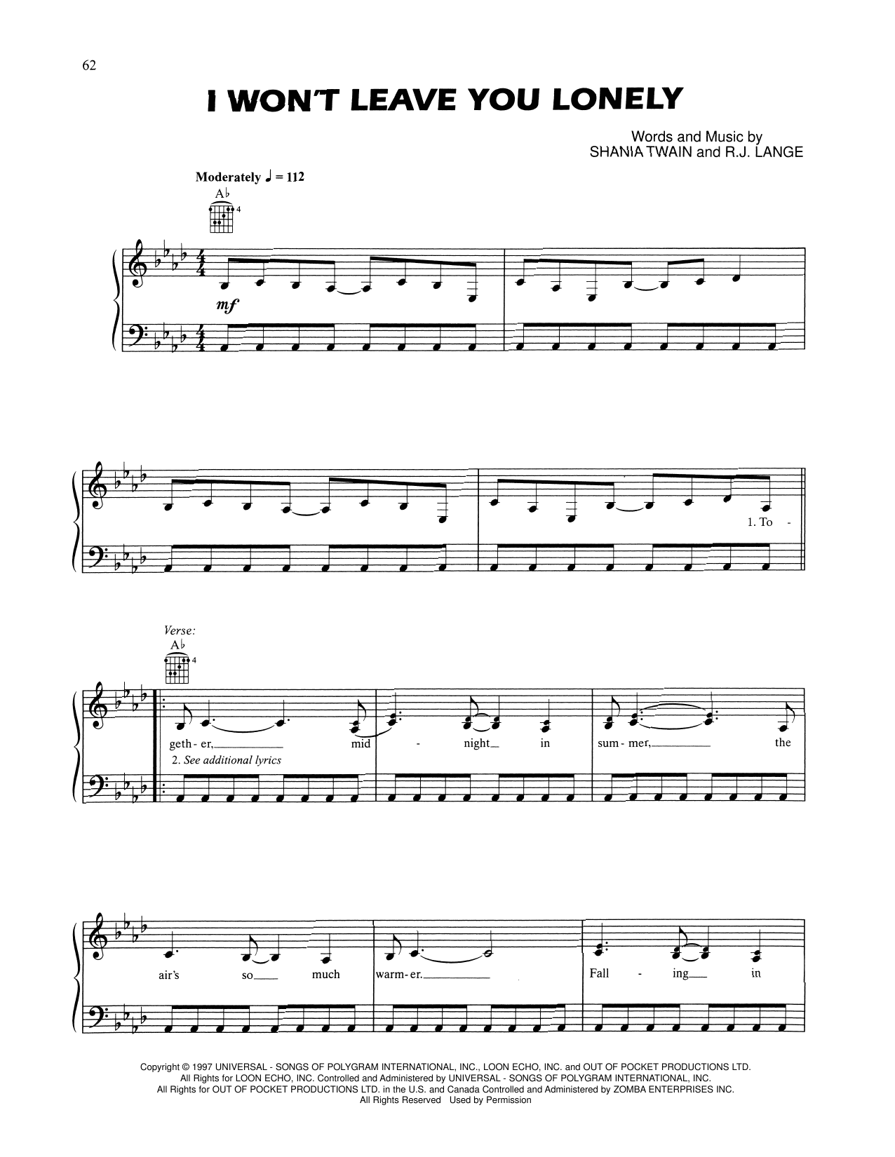 Produktgalerie: Seite 1 von 1 I Won't Leave You Lonely, Shania Twain, Gesang, Gitarre, Klavier