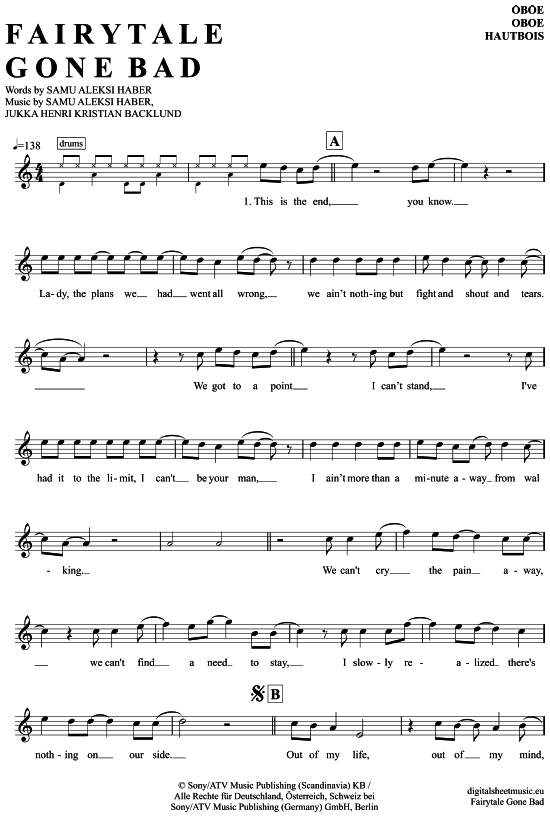 Product gallery: Page 1 of 4 Fairytale Gone Bad , Sunrise Avenue, (Oboe)