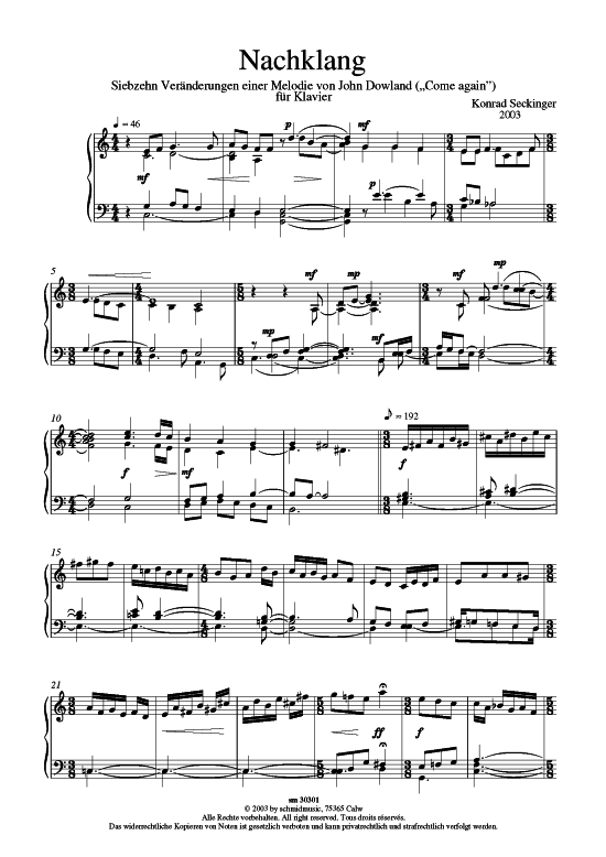 Product picture to: Nachklang 17 Variationen über eine John Downland Melodie (Come again)