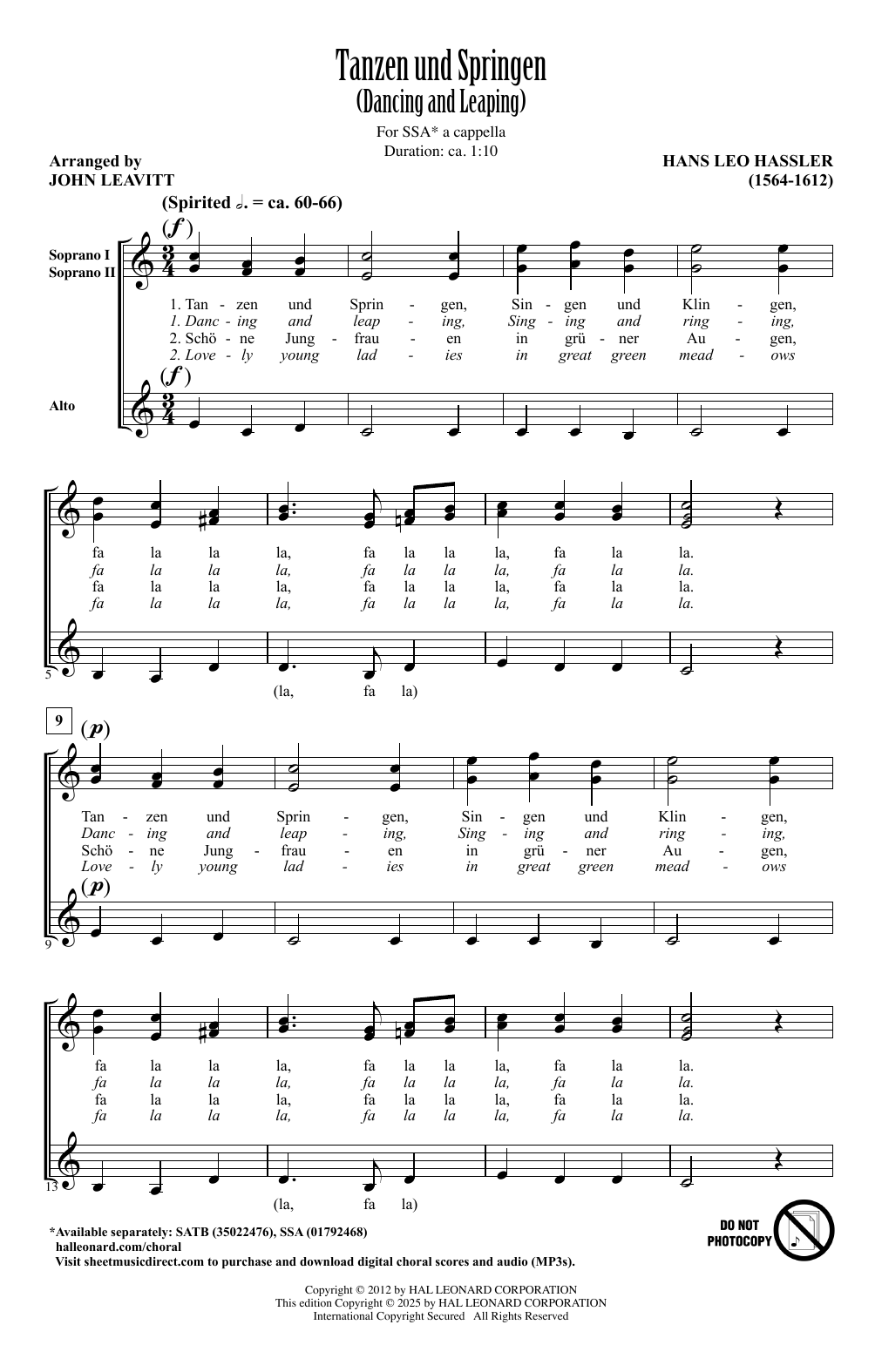 Produktgalerie: Seite 1 von 1 Tanzen Und Springen (Dancing And Leaping) (arr. John Leavitt), Hans Leo Hassler, Chor