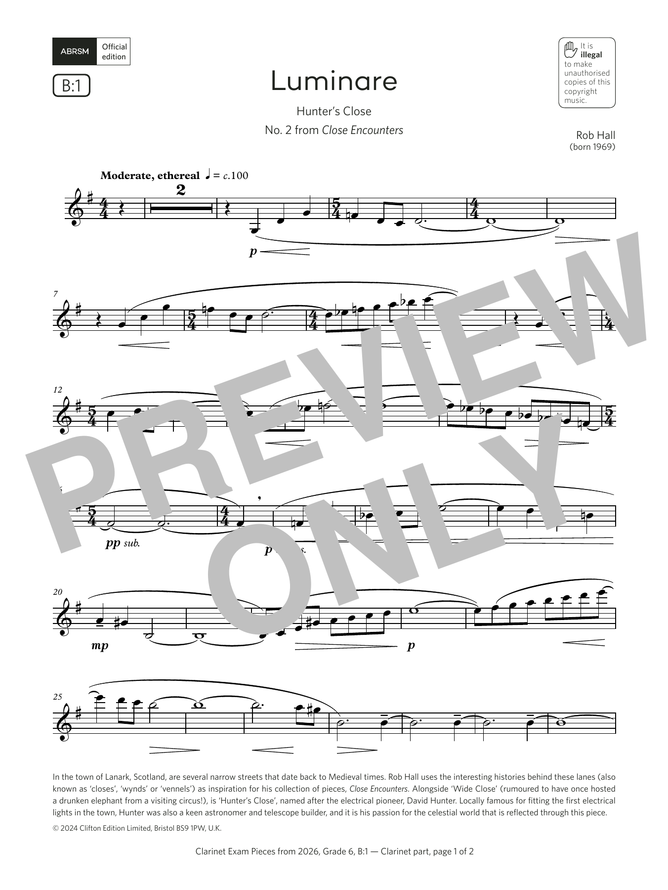 Product gallery: Page 1 of 1 Luminare (Grade 6, list B1, from the ABRSM Clarinet Syllabus from 2026), Rob Hall