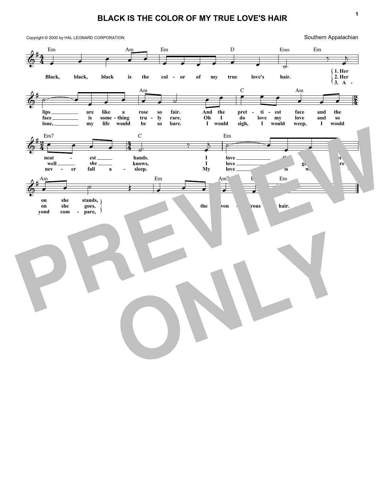 Product gallery: Page 1 of 1 Black Is The Color Of My True Love's Hair, Southern Appalachian Folksong
