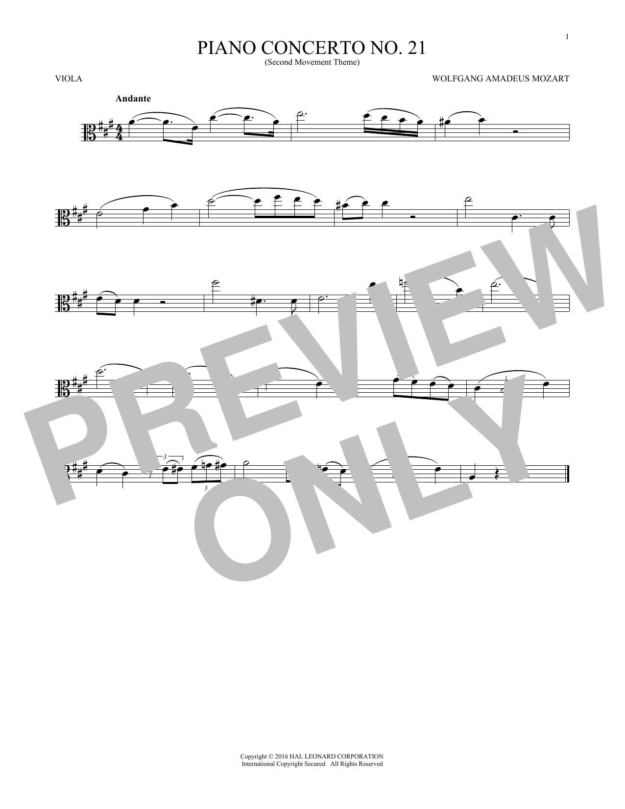 Product gallery: Page 1 of 1 Piano Concerto No. 21 In C Major ("Elvira Madigan"), Second Movement Excerpt, Wolfgang Amadeus Mozart