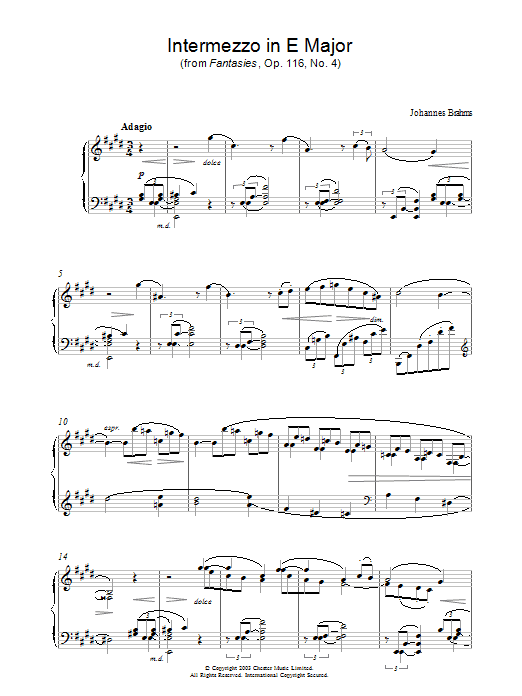 Product gallery: Page 1 of 1 Intermezzo in E Major (from Fantasies, Op. 116, No. 4), Johannes Brahms