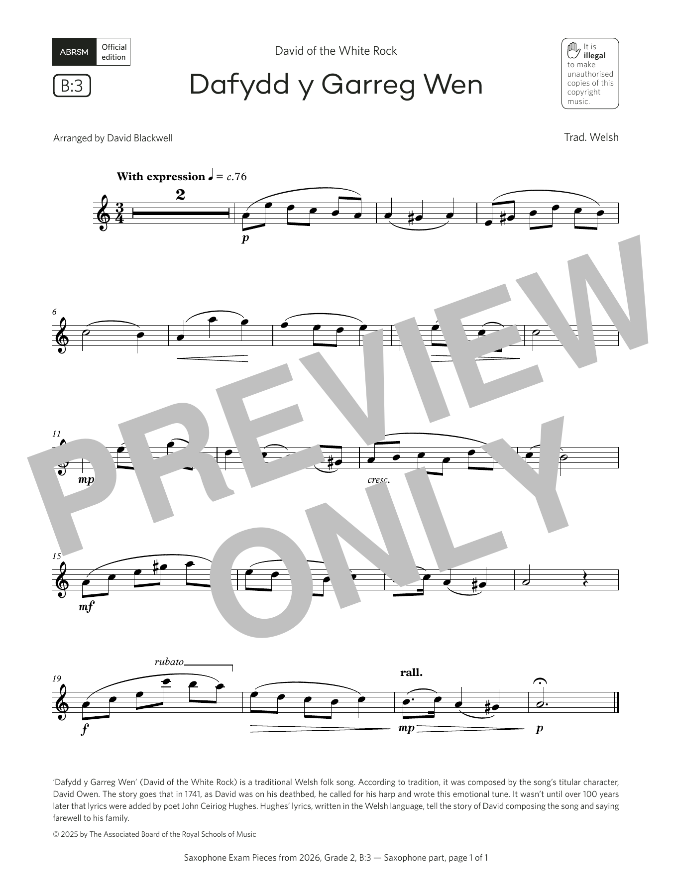 Product gallery: Page 1 of 1 Dafydd y Garreg Wen (Grade 2, list B3, from the ABRSM Saxophone Syllabus from 2026), Trad. Welsh