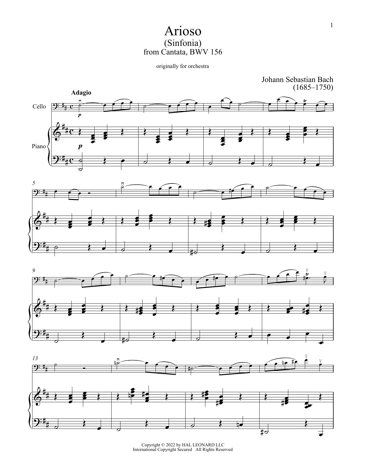 Produktgalerie: Seite 1 von 1 Arioso, Johann Sebastian Bach, Klavier, Violoncello