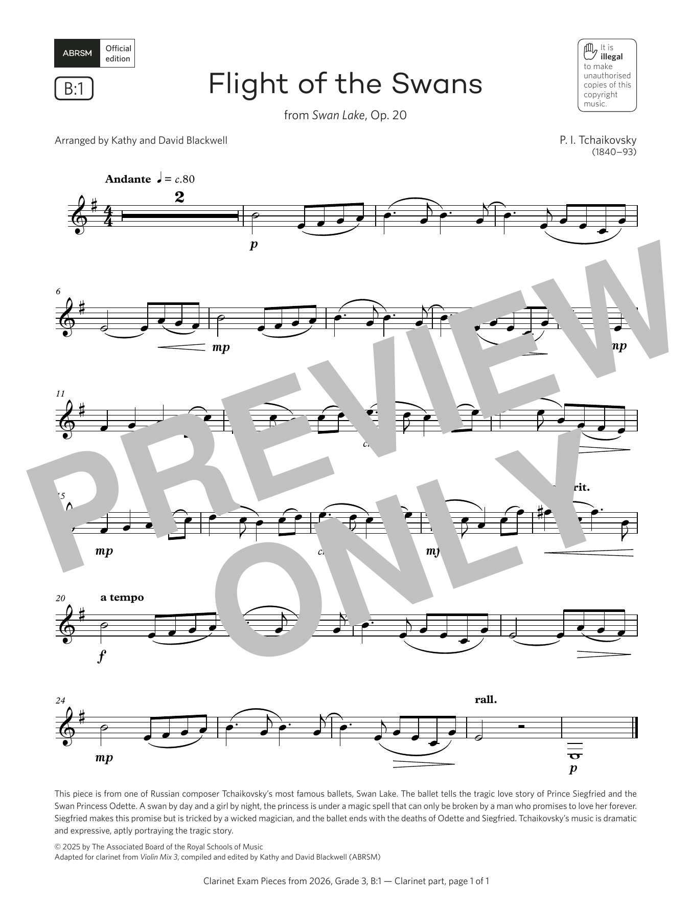 Product gallery: Page 1 of 1 Flight of the Swans (Grade 3, list B1, from the ABRSM Clarinet Syllabus from 2026), Pyotr Il'yich Tchaikovsky